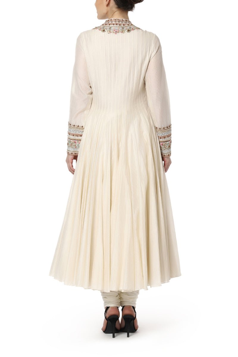 Ivory Anarkali set with an embroidered neckline and organza dupatta - samantchauhan