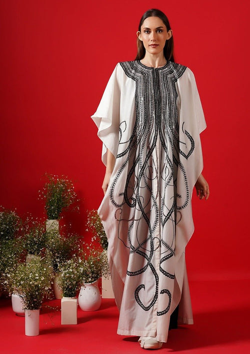 Ivory cotton silk high low kaftan with an openable front - samantchauhan Apparel & Accessories
