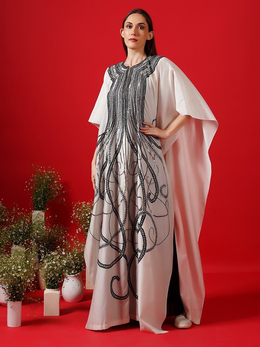 Ivory cotton silk high low kaftan with an openable front - samantchauhan Apparel &amp; Accessories