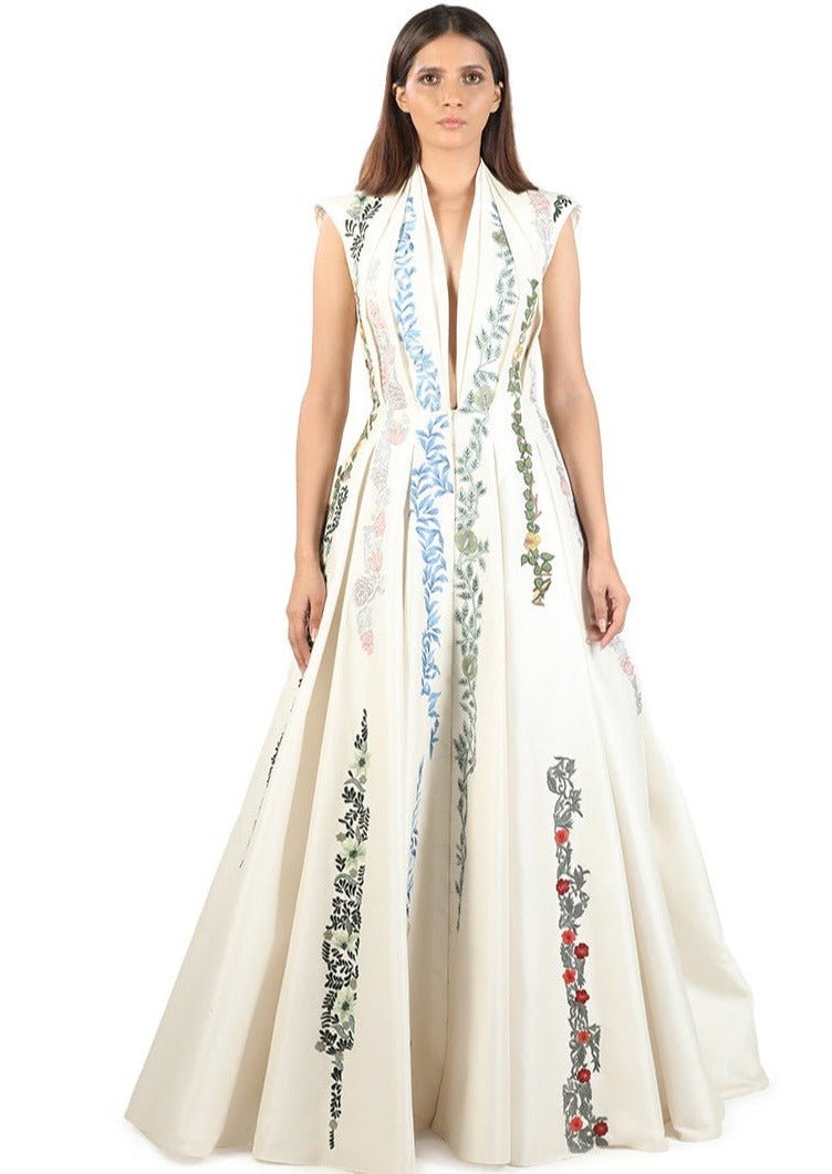 Lapel Collar Embroidered Gown - samantchauhan Apparel & Accessories