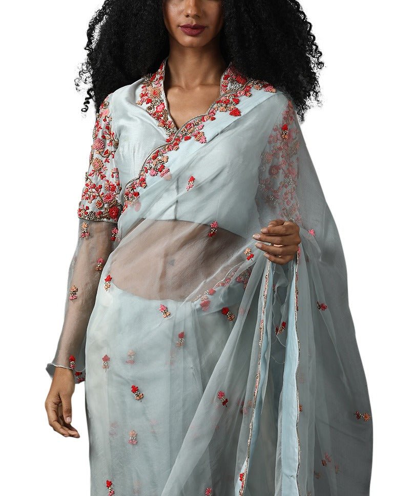 Light blue organza silk saree set with pink embroidery - samantchauhan