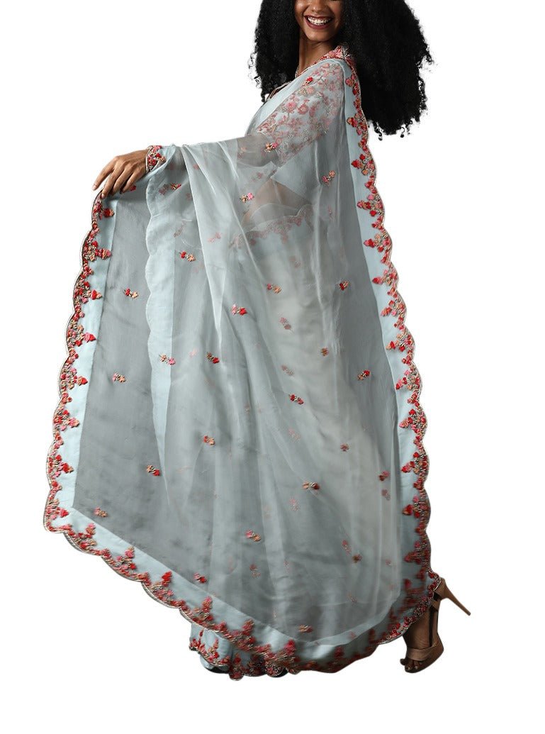 Light blue organza silk saree set with pink embroidery - samantchauhan