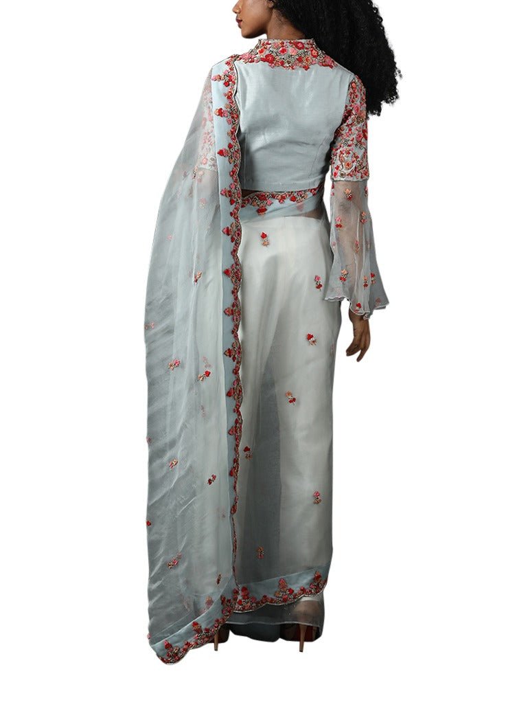Light blue organza silk saree set with pink embroidery - samantchauhan