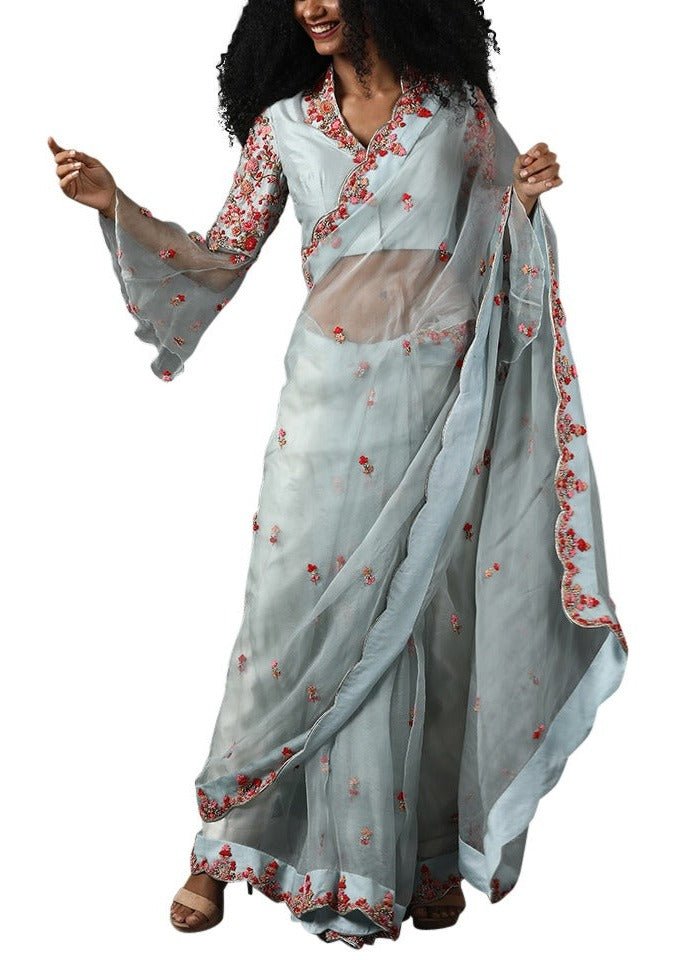 Light blue organza silk saree set with pink embroidery - samantchauhan