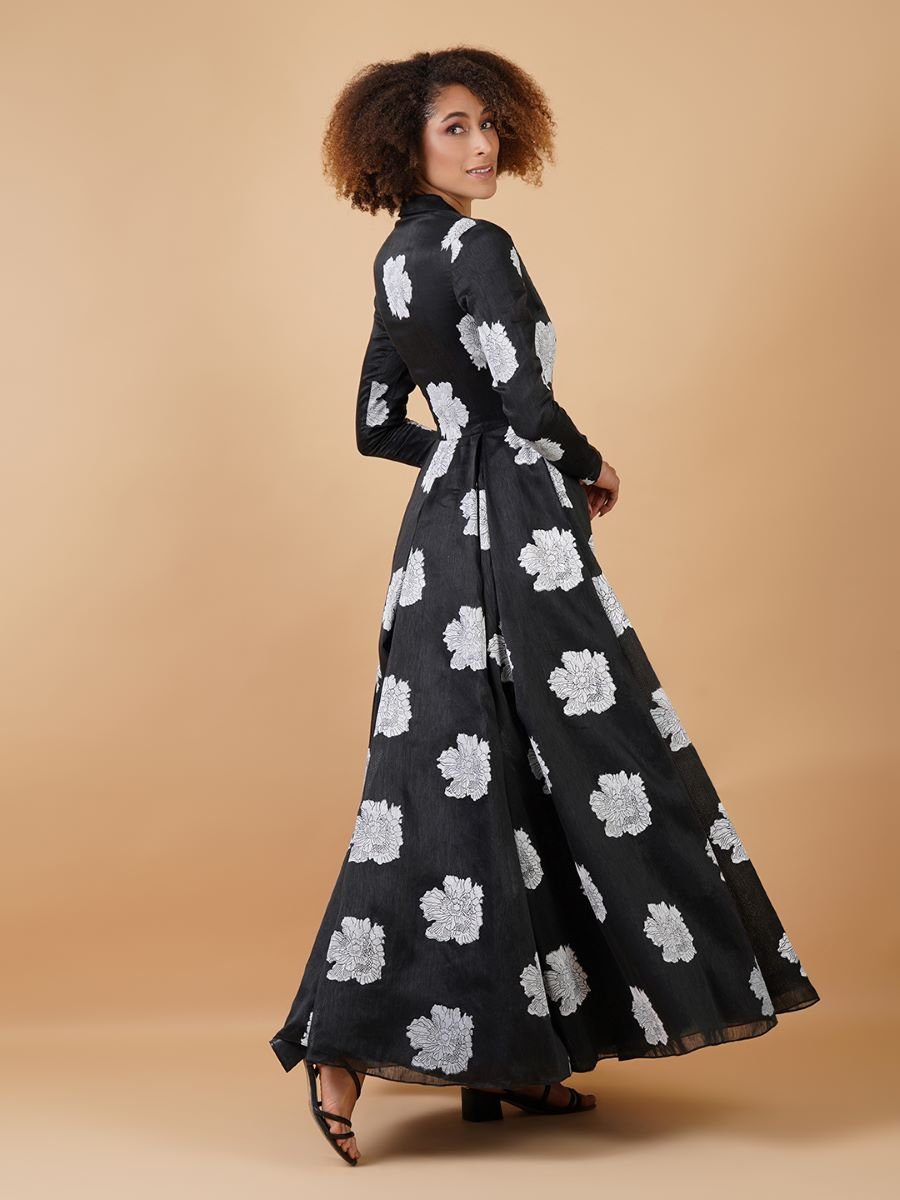 Showcased here is a black chanderi gown with a collared neckline - samantchauhan Apparel & Accessories