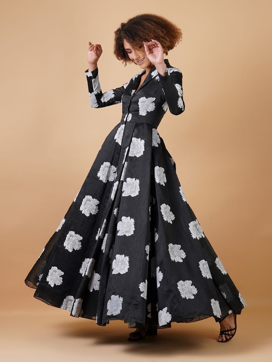 Showcased here is a black chanderi gown with a collared neckline - samantchauhan Apparel & Accessories
