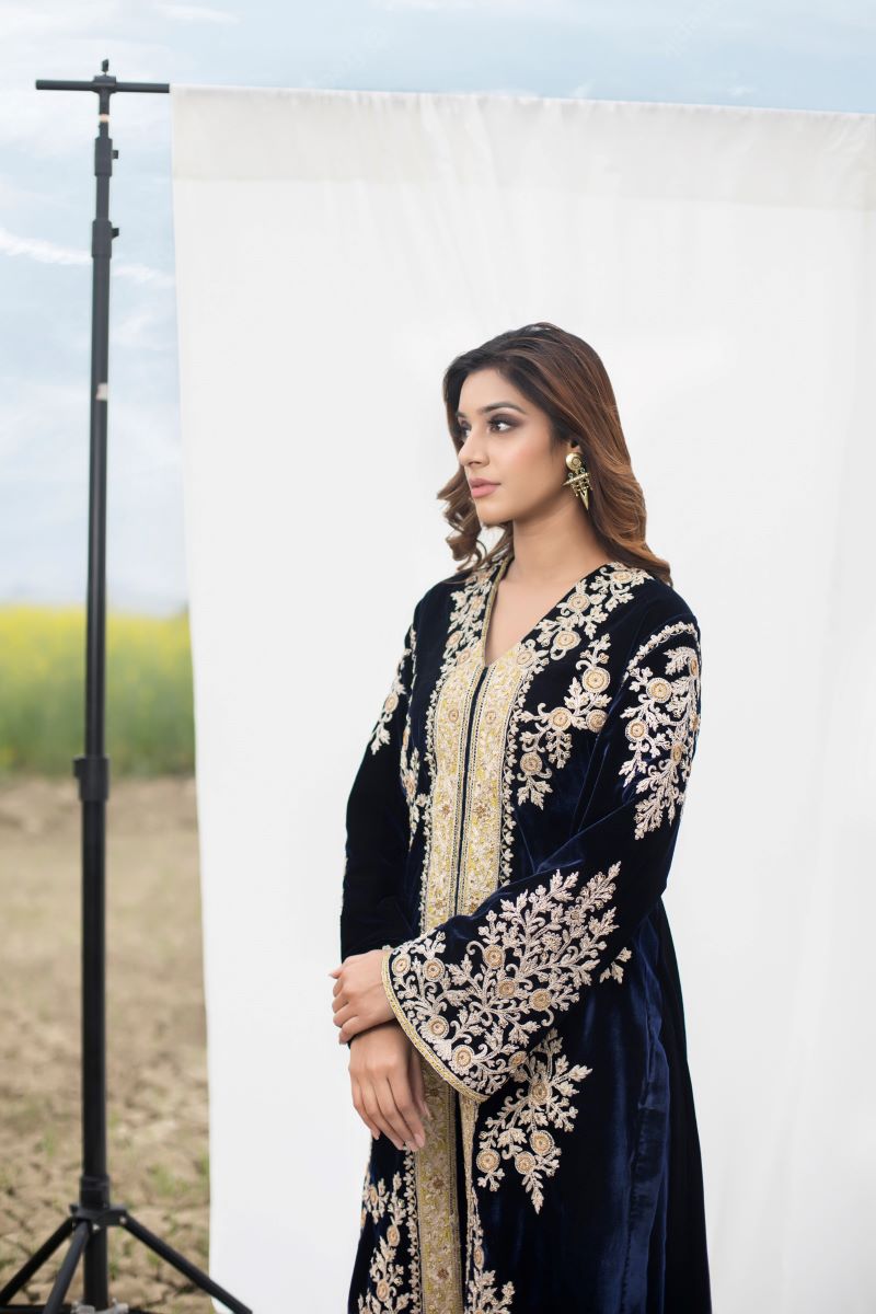 Velvet suit set adorned with zari and appliqué work and paired with organza Dupatta - samantchauhan Apparel & Accessories