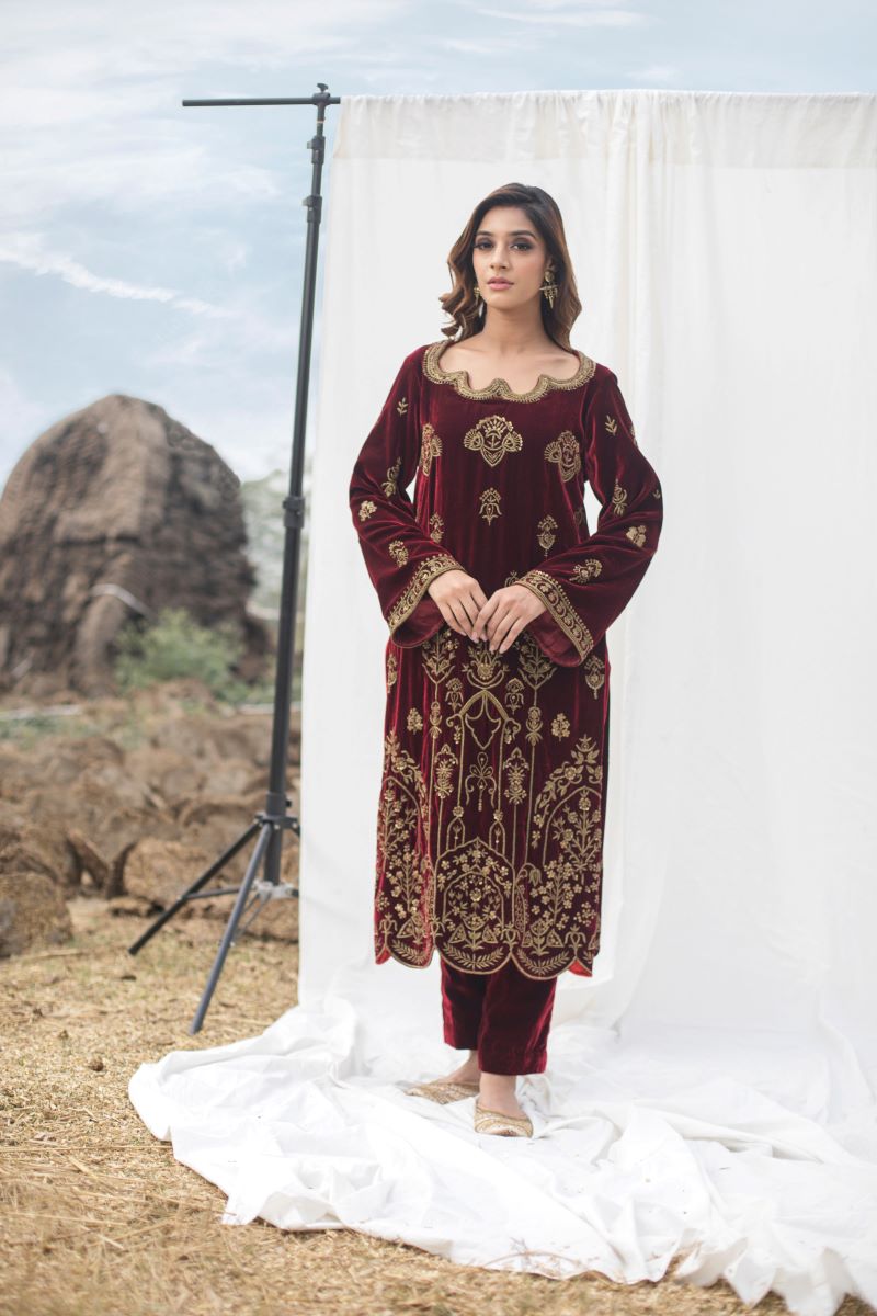 Velvet suit set adorned with zari and appliqué work and paired with organza Dupatta - samantchauhan Apparel & Accessories
