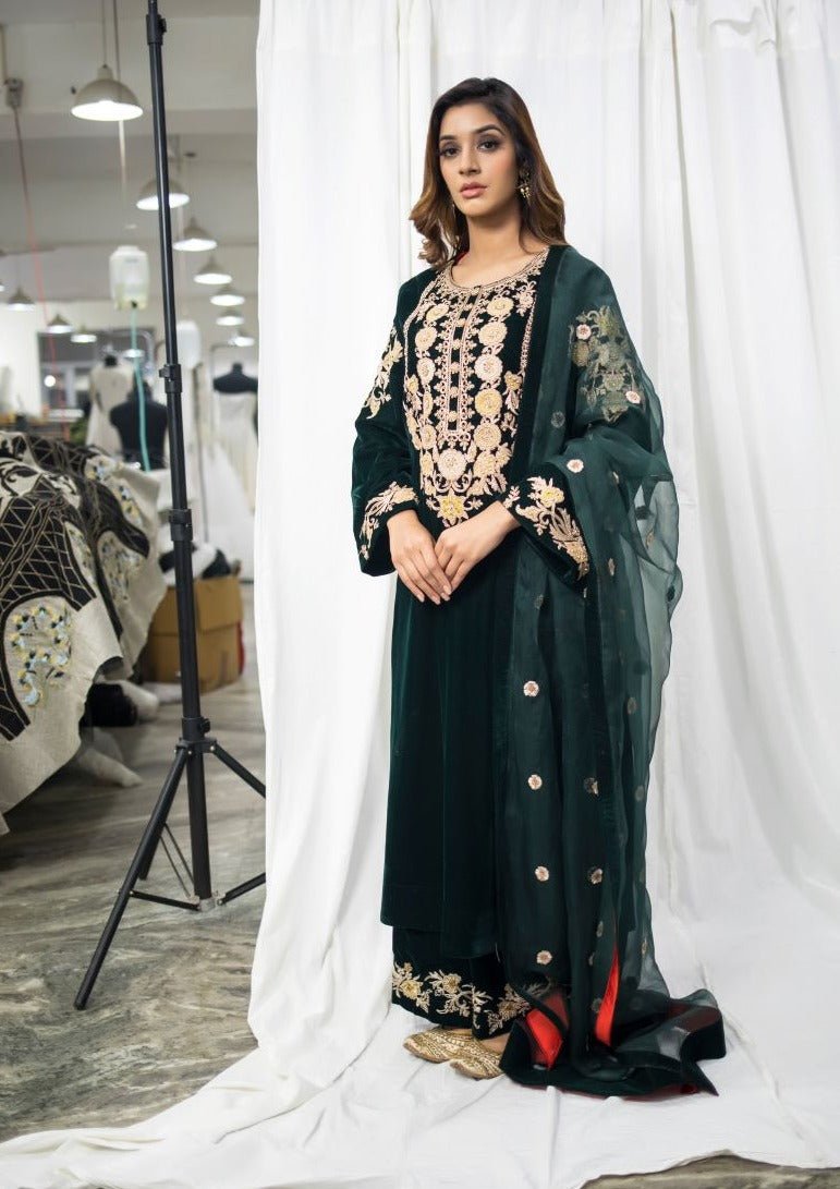 Velvet suit set adorned with zari and appliqué work and paired with organza Dupatta - samantchauhan Apparel & Accessories