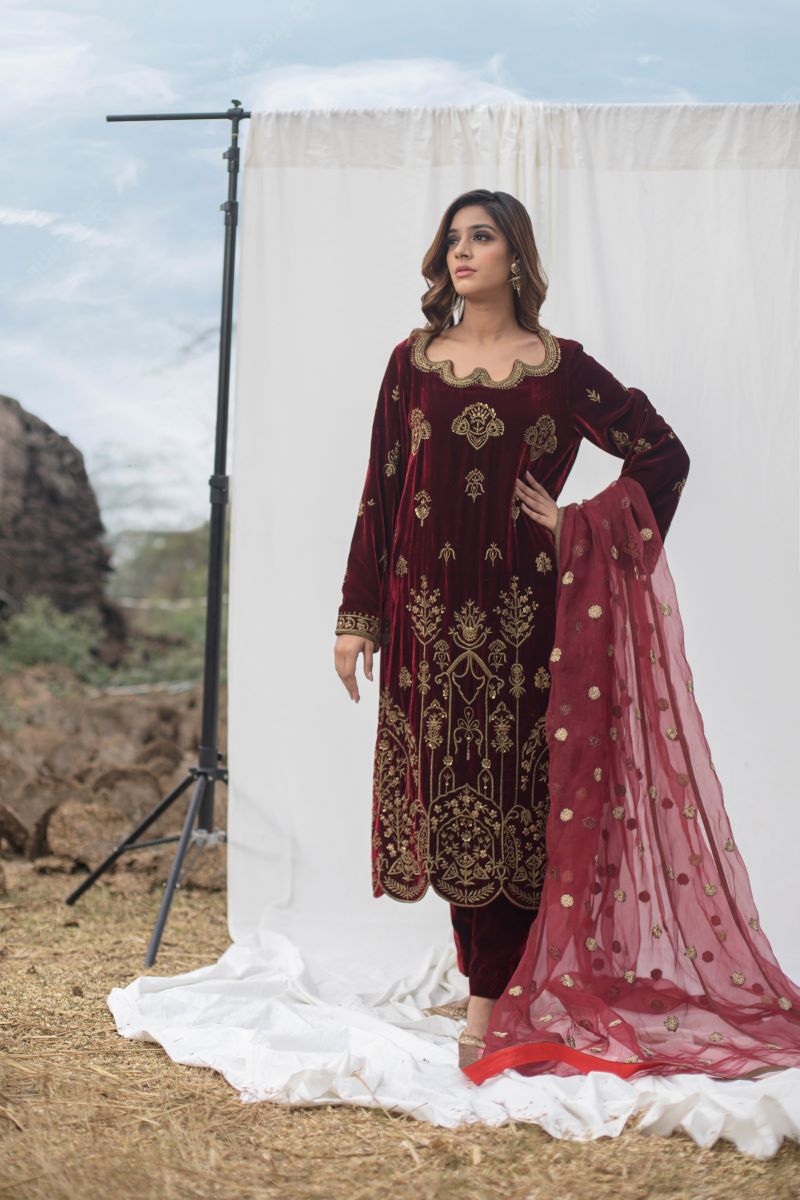 Velvet suit set adorned with zari and appliqué work and paired with organza Dupatta - samantchauhan Apparel & Accessories