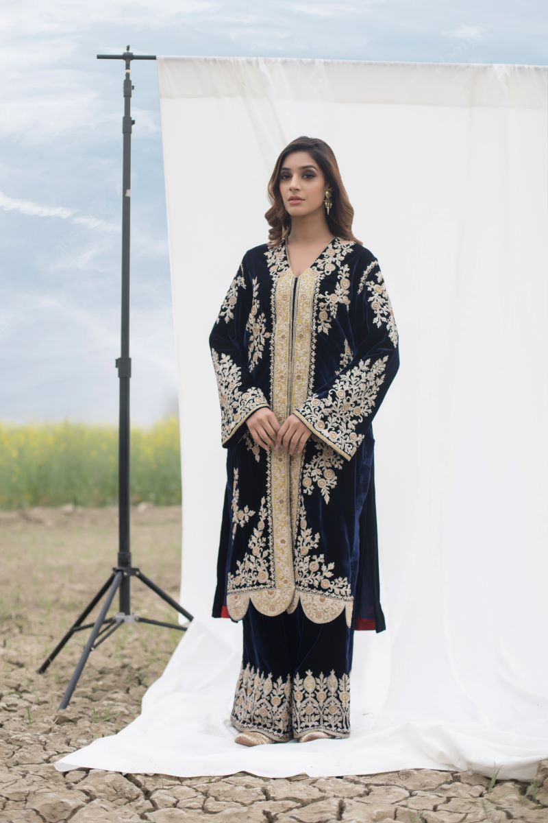 Velvet suit set adorned with zari and appliqué work and paired with organza Dupatta - samantchauhan Apparel & Accessories