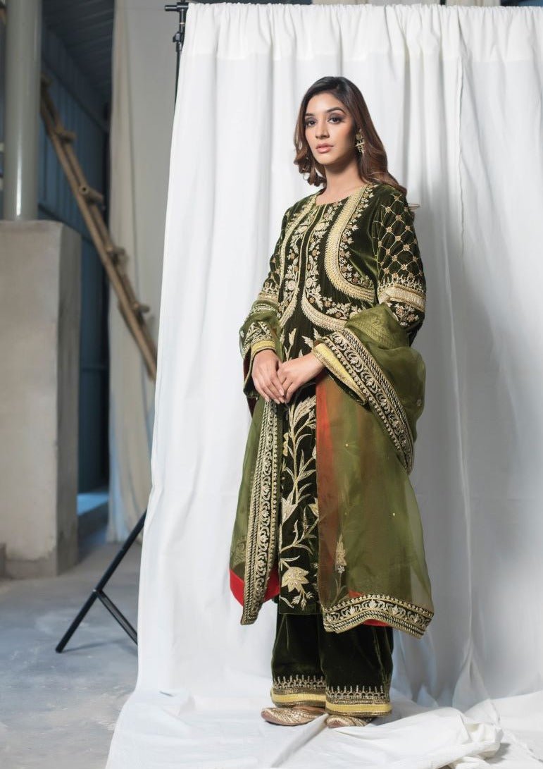 Velvet suit set adorned with zari and appliqué work and paired with organza Dupatta - samantchauhan Apparel & Accessories