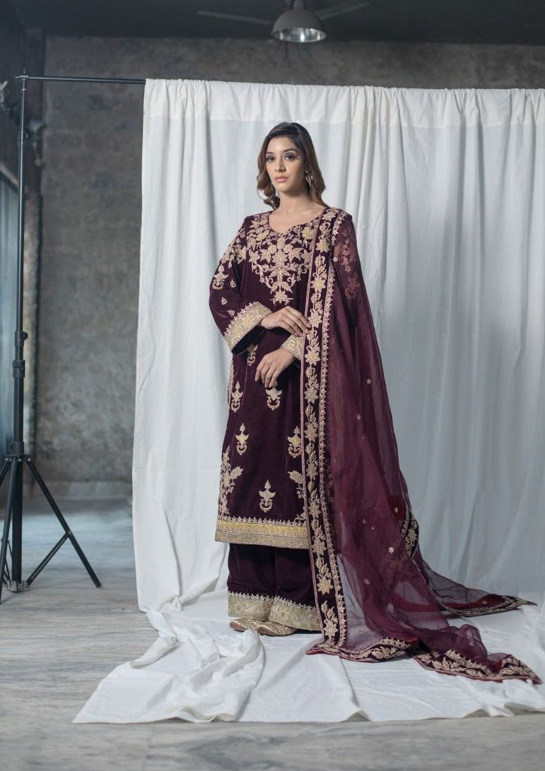 Velvet suit set adorned with zari and appliqué work and paired with organza Dupatta - samantchauhan Apparel & Accessories