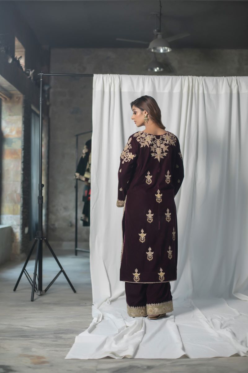 Velvet suit set adorned with zari and appliqué work and paired with organza Dupatta - samantchauhan Apparel & Accessories