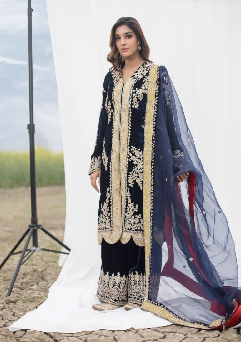 Velvet suit set adorned with zari and appliqué work and paired with organza Dupatta - samantchauhan Apparel & Accessories