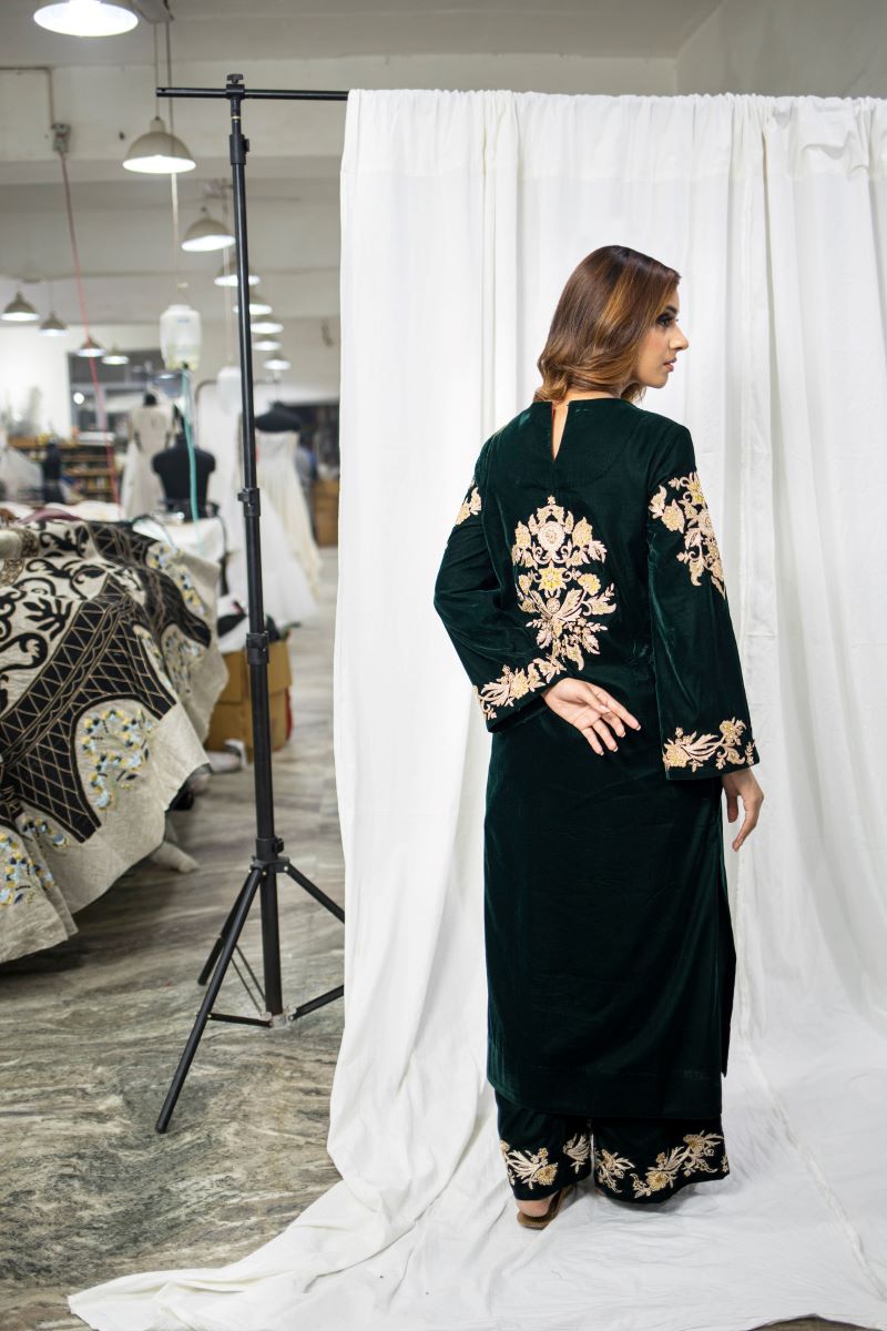Velvet suit set adorned with zari and appliqué work and paired with organza Dupatta - samantchauhan Apparel & Accessories