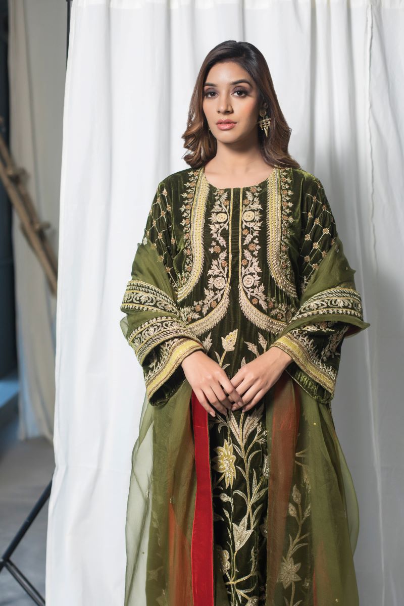 Velvet suit set adorned with zari and appliqué work and paired with organza Dupatta - samantchauhan Apparel & Accessories