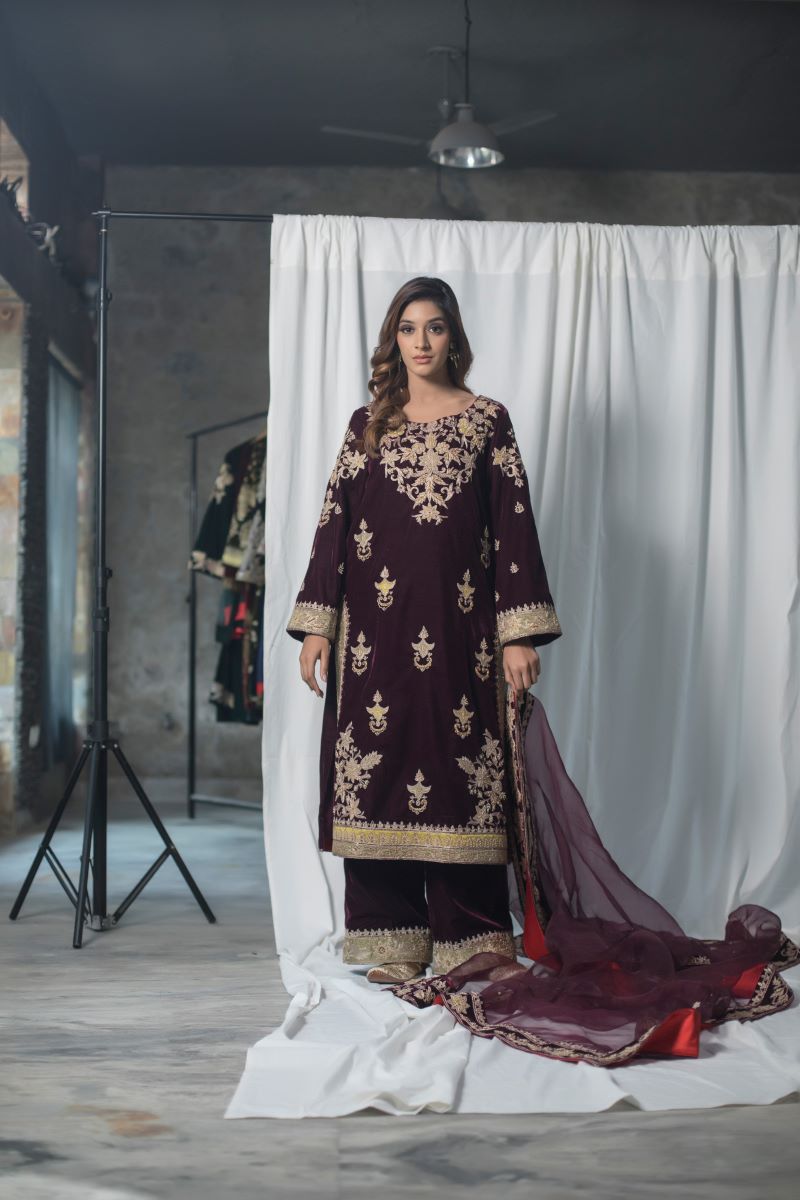 Velvet suit set adorned with zari and appliqué work and paired with organza Dupatta - samantchauhan Apparel & Accessories