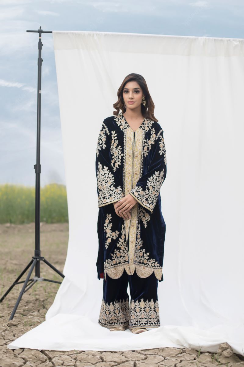 Velvet suit set adorned with zari and appliqué work and paired with organza Dupatta - samantchauhan Apparel & Accessories