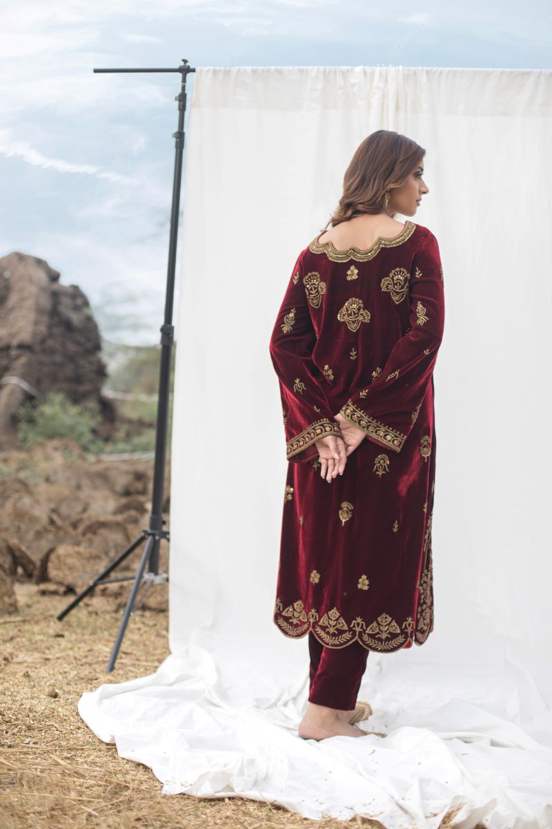 Velvet suit set adorned with zari and appliqué work and paired with organza Dupatta - samantchauhan Apparel & Accessories