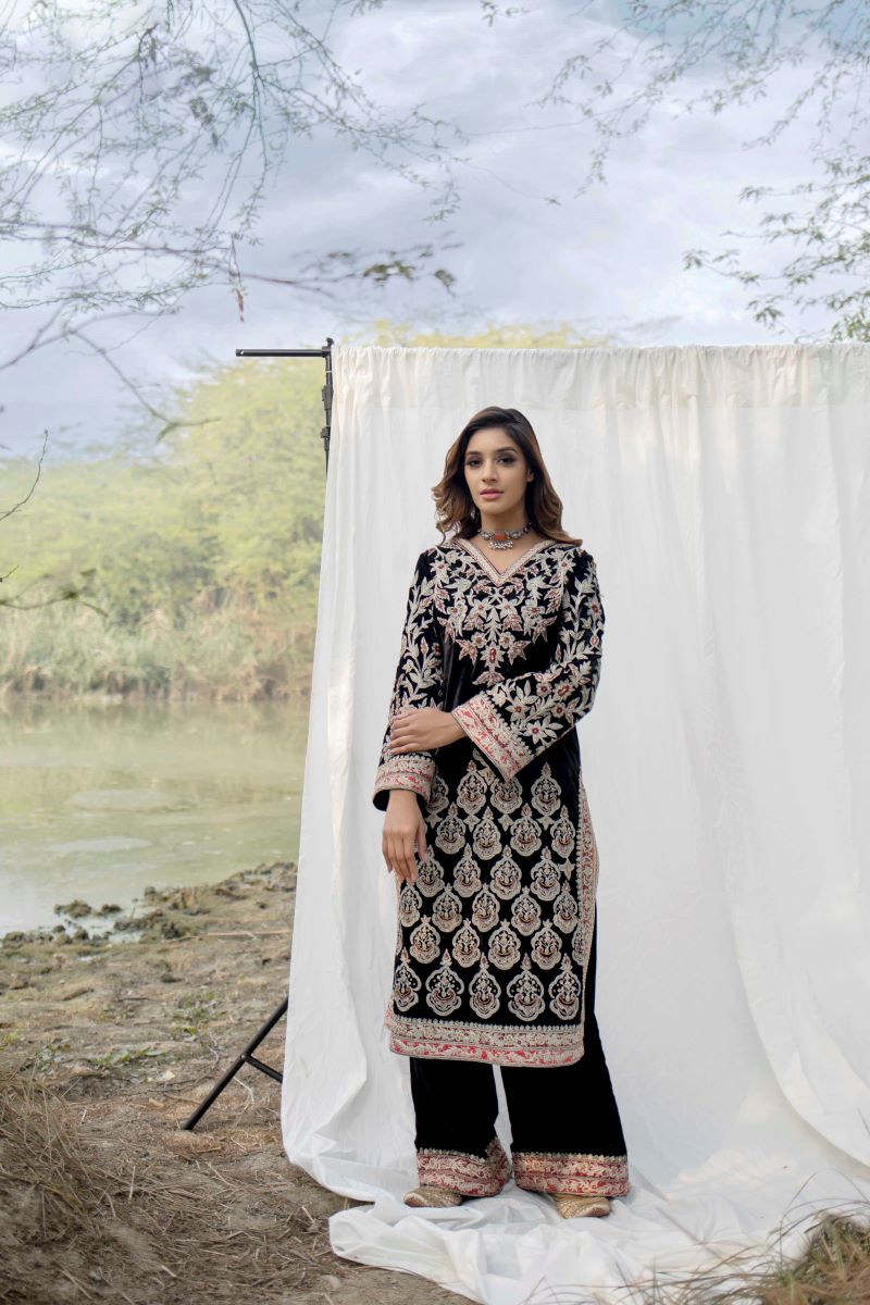Velvet suit set adorned with zari and appliqué work and paired with organza Dupatta A - samantchauhan Apparel & Accessories