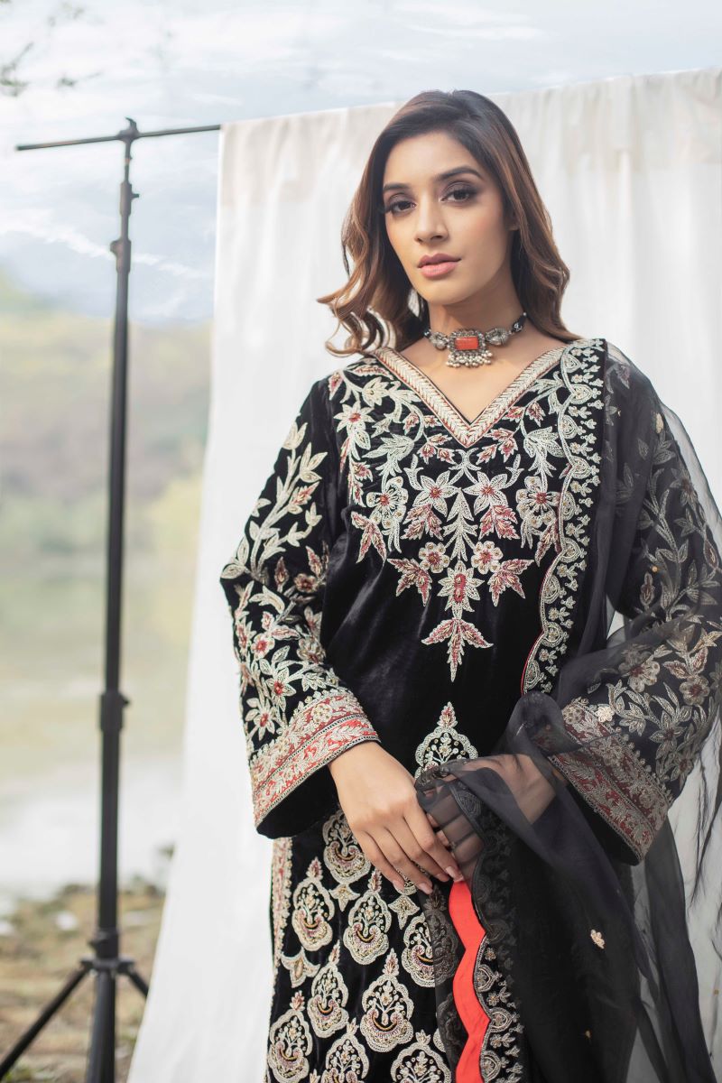 Velvet suit set adorned with zari and appliqué work and paired with organza Dupatta A - samantchauhan Apparel & Accessories