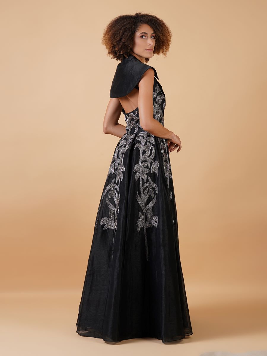 A black chanderi floor-length dress that has a plunging V-neck with stylised collar