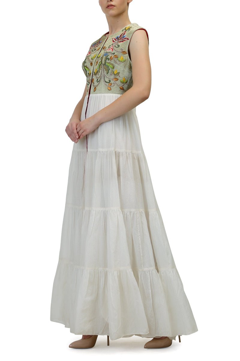 Yoke Embroidered Tiered Dress - samantchauhan